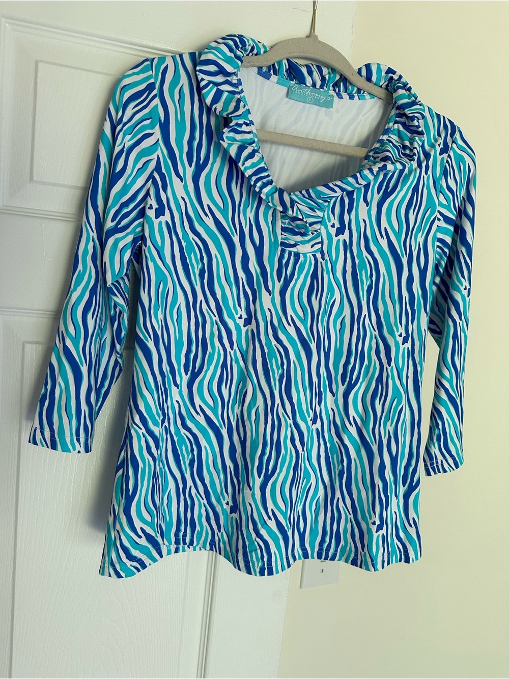 Blue & Turquoise Zebra Print Ruffled Neck Top